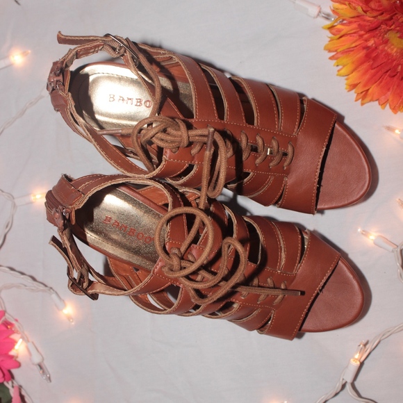 BAMBOO Strappy Lace Up Wedges - Picture 2 of 3